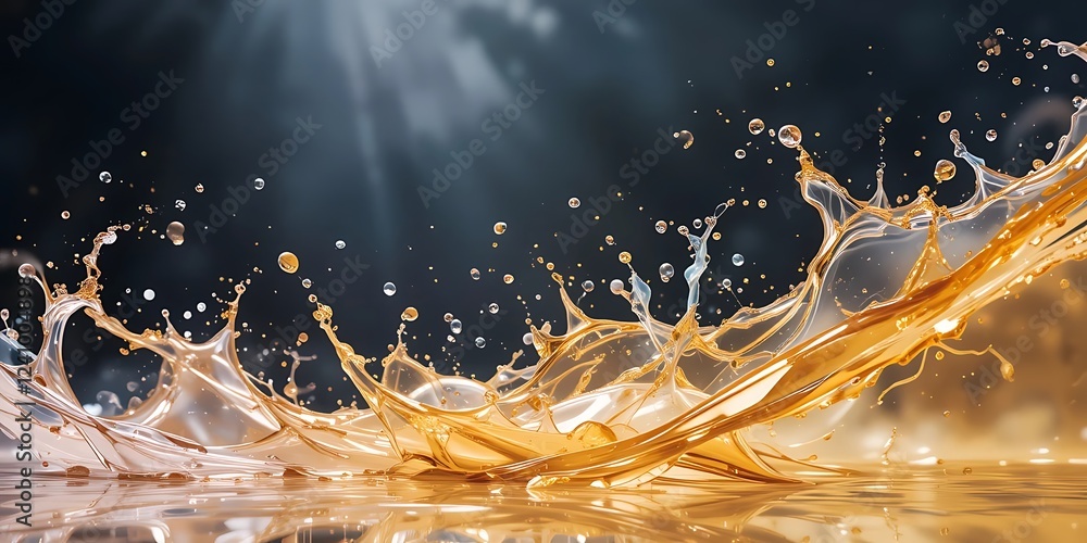 Poster golden liquid splashing dynamically across dark background