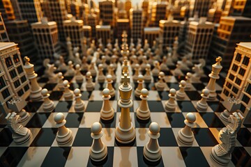 Obraz premium A strategic chess game set in a city skyline, with ivory pieces standing out against a polished black and white board. Chess Board as an Arena of Strategy