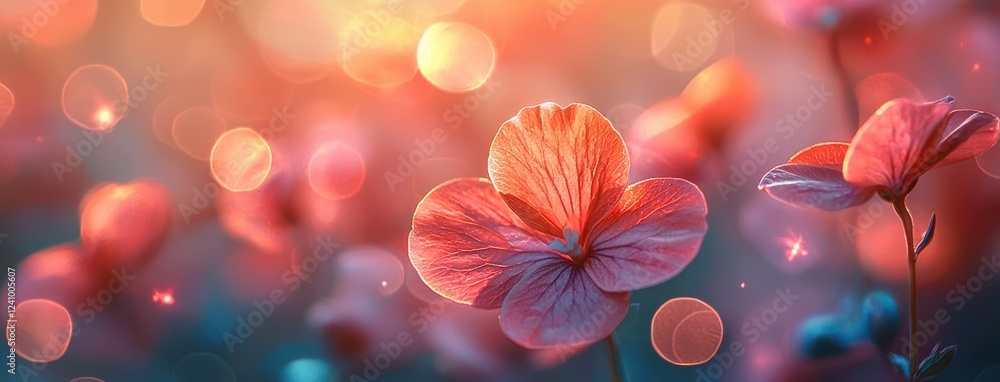 Poster exquisite bokeh and luminescence in close up of delicate flowers, showcasing vibrant colors and soft