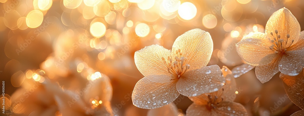 Aufkleber close up of delicate flowers with shimmering bokeh and droplets, creating warm and inviting atmosphe