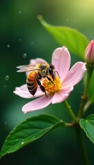 Bee collecting nectar from Robusta coffee blossom in rain, flowers, , green leaves
