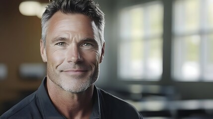 Obraz premium Close-up portrait of a confident middle-aged man smiling in a modern caf? with soft lighting