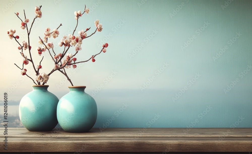 Wall mural Two light teal blue vases with delicate pink and white blossoms on weathered, light brown wooden surface, against a textured, pale teal blue wall