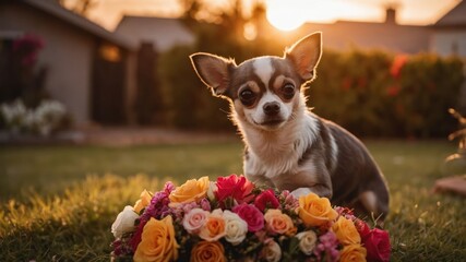 A Chihuahua sitting proudly in a garden surrounded by a vibrant bouquet of roses at sunset