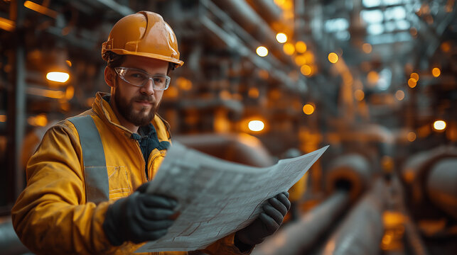 Industrial Engineer Analyzing Blueprints in a Factory Setting
