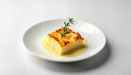 A single portion of gratin dauphinois, elegantly plated on a minimalist white dish, garnished with a small sprig of fresh herbs for a refined presentation.