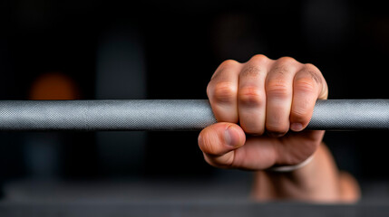 Close-up of hand firmly gripping barbell in gym. Strength and determination are evident as person prepares for powerful lift, showcasing focus and commitment to weight training.