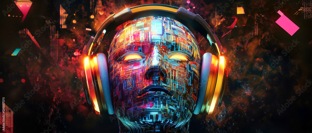 Poster futuristic robot head adorned with headphones and colorful circuit patterns in a vibrant cyberpunk s