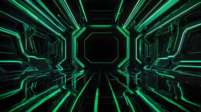 A green hexagonal tunnel illuminated with glowing lines and particles, resembling a sci-fi gateway to the future.