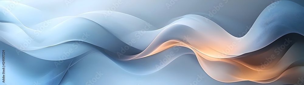 Poster a soft, flowing abstract design featuring gentle waves in shades of blue and a hint of orange, creat