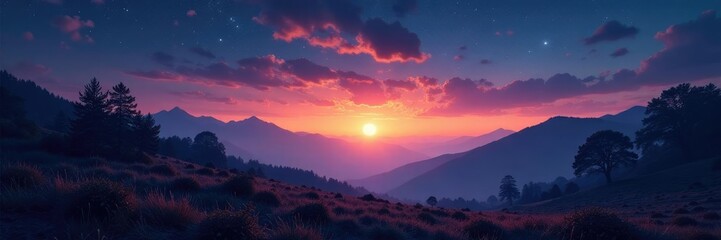 Obraz premium Gently glowing starlight bathes the serene landscape in a soft warm glow, landscape, light