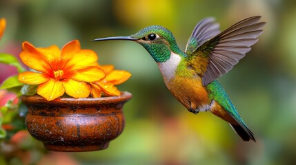Fototapeta premium Hummingbird feeding on orange flower, garden background, nature photography