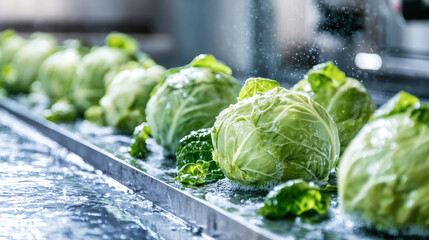Vibrant green cabbage being washed on conveyor belt in industrial food processing plant