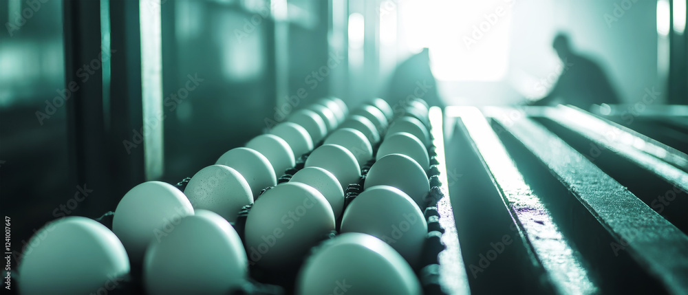 Poster worker inspects quality of raw chicken eggs in a bright, rustic factory setting with smooth surfaces