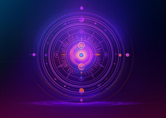 A mystical purple background with the zodiac signs in glowing circles around an empty center, creating a magical and enchanting atmosphere for tarot cards or horoscope designs. 