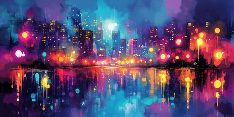 Obraz premium City Nightscape Reflected In Water Showing Vibrant Colors