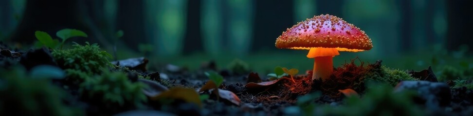 Fototapeta premium Mushroom cap glowing in the dark forest floor, ecosystem, darkness, nature
