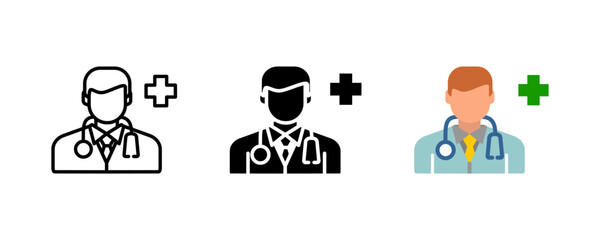 Doctor icon. Medical professional sign. Healthcare and treatment symbol. Hospital physician with stethoscope pictogram. Emergency and patient care illustration.