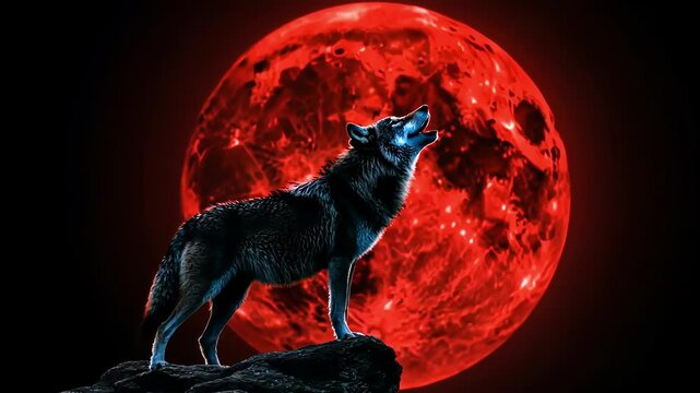 A wolf howls against a striking red moon in a dark atmosphere.