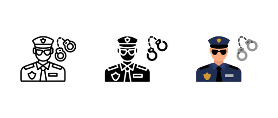 Police officer icon. Law enforcement sign. Security and justice symbol. Officer with handcuffs pictogram. Crime prevention and public safety illustration.