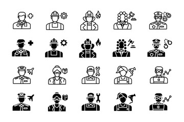 Professions icon set. Doctor, construction worker, firefighter, and judge sign. Police officer, pilot, teacher, and mechanic symbol. Hairdresser and data analyst pictogram. Career illustration.