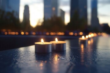 a solemn row of flickering candles casts a warm glow, memorializing lives lost on september 11th, with a deep sense of remembrance and solidarity, set against a backdrop of gentle shadows