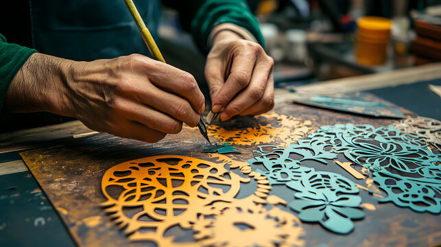 A Polish artisan designing wycinanki paper cutouts with intricate patterns.