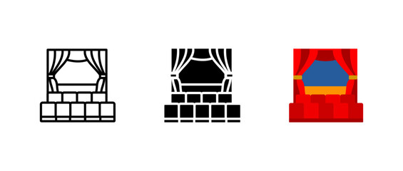 Theater stage icon. Classic performance venue sign. Curtains and seating symbol. Dramatic arts and cultural event pictogram. Opera and concert hall illustration.