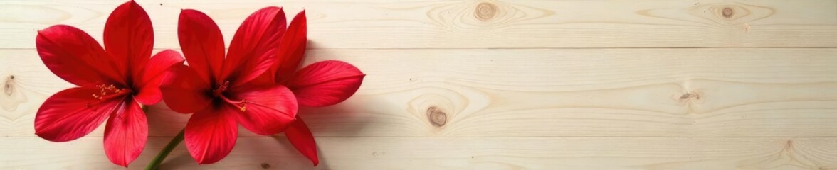 Red alstroemeria blooms on a light wooden surface, shape, floral, surface