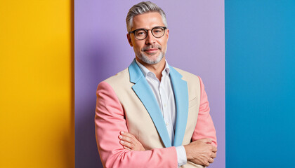 Confident middle-aged man in pastel color-blocked suit against bold gradient background