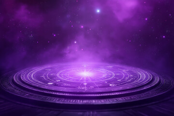 A mystical purple background with the zodiac signs in glowing circles around an empty center, creating a magical and enchanting atmosphere for tarot cards or horoscope designs. 