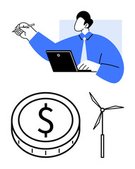 Man using laptop and holding a pen. Coin with dollar sign and wind turbine represent financial growth, eco-friendly energy. Ideal for finance, sustainability, renewable energy, business strategy
