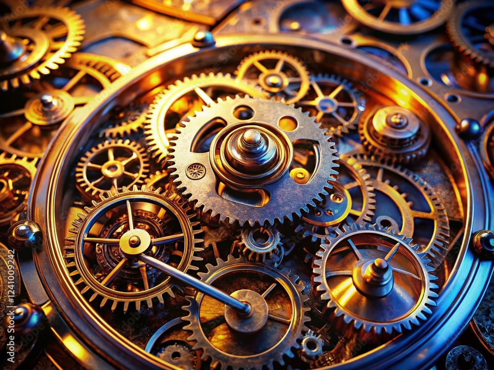 Poster close-up aerial view of rotating clock mechanism, intricate gears and precise movement