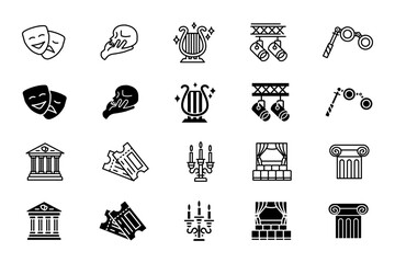 Theater icon set. Comedy and tragedy masks, Hamlet skull, and lyre sign. Spotlight, opera binoculars, and candelabrum symbol. Column, stage curtains, and tickets pictogram. Drama and art illustration.