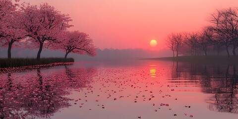A serene landscape at sunset featuring cherry blossom trees with delicate pink flowers, reflecting on a calm river, creating a tranquil mood in soft pastel colors.