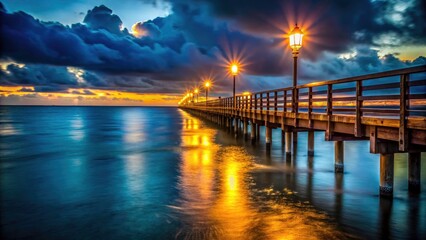 Obraz premium Coastal night pier photos: captivating dark ocean views, glowing docks, romantic ambiance, long exposure artistry.