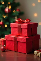 Obraz premium Stack of red Christmas gift boxes on a surface, christmas, table