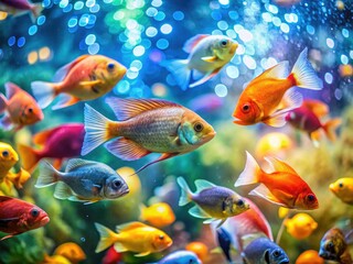 Naklejka premium Colorful fish swim in a beautiful, vibrant reef tank, captured in stunning underwater photography.