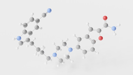 vilazodone molecule 3d, molecular structure, ball and stick model, structural chemical formula antidepressant