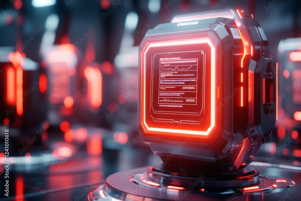 Poster A 3D-rendered holographic ATM screen displaying a detailed bank statement, floating in a futuristic setting