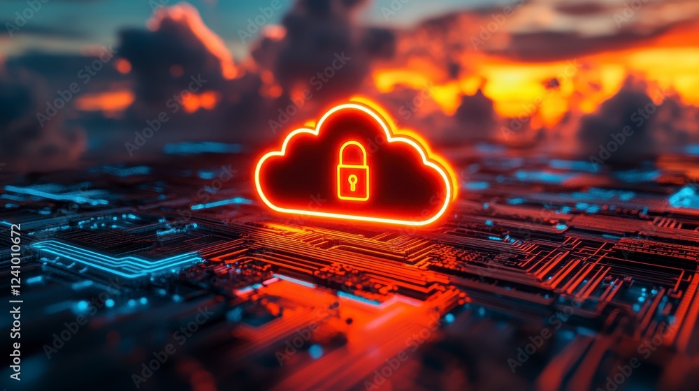 Poster abstract digital graphic of glowing cloud storage symbol over a circuit board background with orange