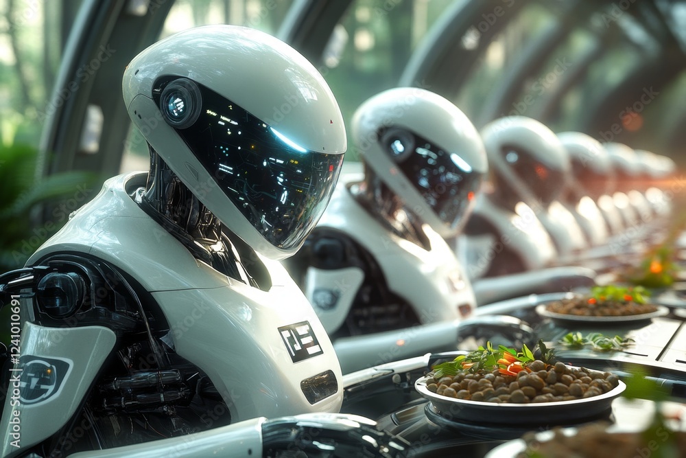 Poster a 3d-rendered scene of a futuristic charity center, where advanced robots hand out food to those in 
