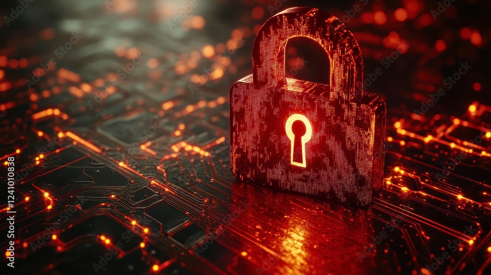 Aufkleber 3d rendering of a glowing red padlock on a circuit board background, highlighting security and techn