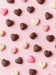 Fototapeta premium A Symphony of Hearts: A Delightful Collection of Exquisite Chocolate Hearts, Beautifully Displayed on a Pastel Pink Surface, Creating a Scene of Pure Romance and Sweet Indulgence