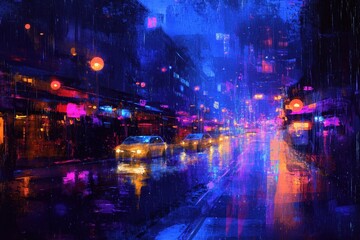 Rainy Night Cityscape Vivid Colors Cars Lights
