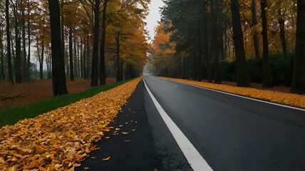 The image shows a long, straight road with a yellow dividing line in the middle. The road is covered in fallen leaves in various shades of orange, red, and yellow, indicating that it is autumn.