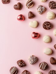 A Symphony of Hearts: A Delightful Collection of Exquisite Chocolate Hearts, Beautifully Displayed on a Pastel Pink Surface, Creating a Scene of Pure Romance and Sweet Indulgence