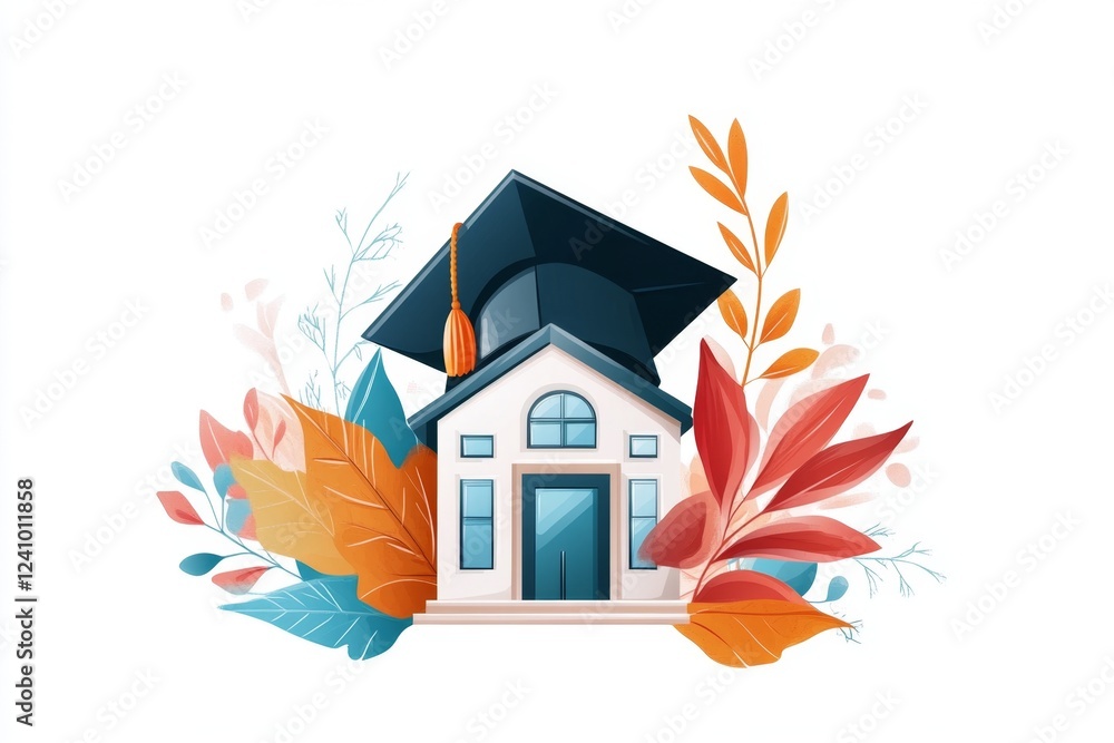 Poster a clean, minimalist icon of a bank building with a tiny graduation cap on top, representing student 