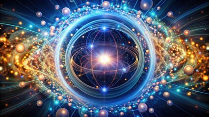 swirling vortex of atoms in a mesmerizing abstract dance within a circular frame of shimmering electrons and protons