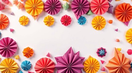 A flat lay showcasing a vibrant seamless pattern of geometric shapescircles, triangles, and hexagonsmeticulously crafted from layered papier-mâché against a clean white background